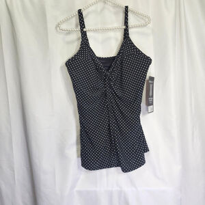 MIRACLESUIT Pin Point Love Knot Tankini Top Black/White 14DD Resort Vacation